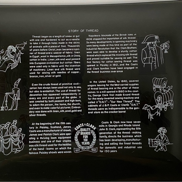 Coats And Clark STORY OF THREADS 1962 Smoky Gray Art Glass Plate Dish Tray 7”x9” - Picture 11 of 12